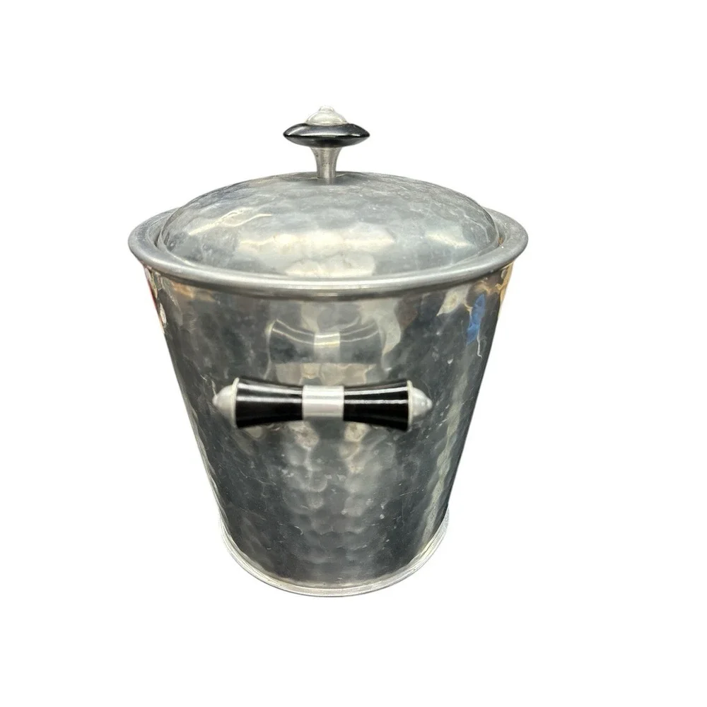 Vintage Mid Century MMM SA Brand Hammered Aluminum‎ Ice Bucket W/Tongs Spain